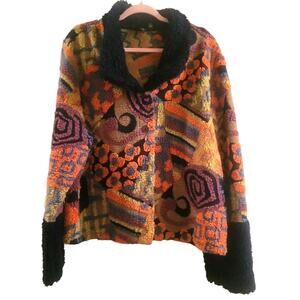 Vtg Geometric Print Sherpa Sweater Wool Blend Cardigan Button Front Floral XXL